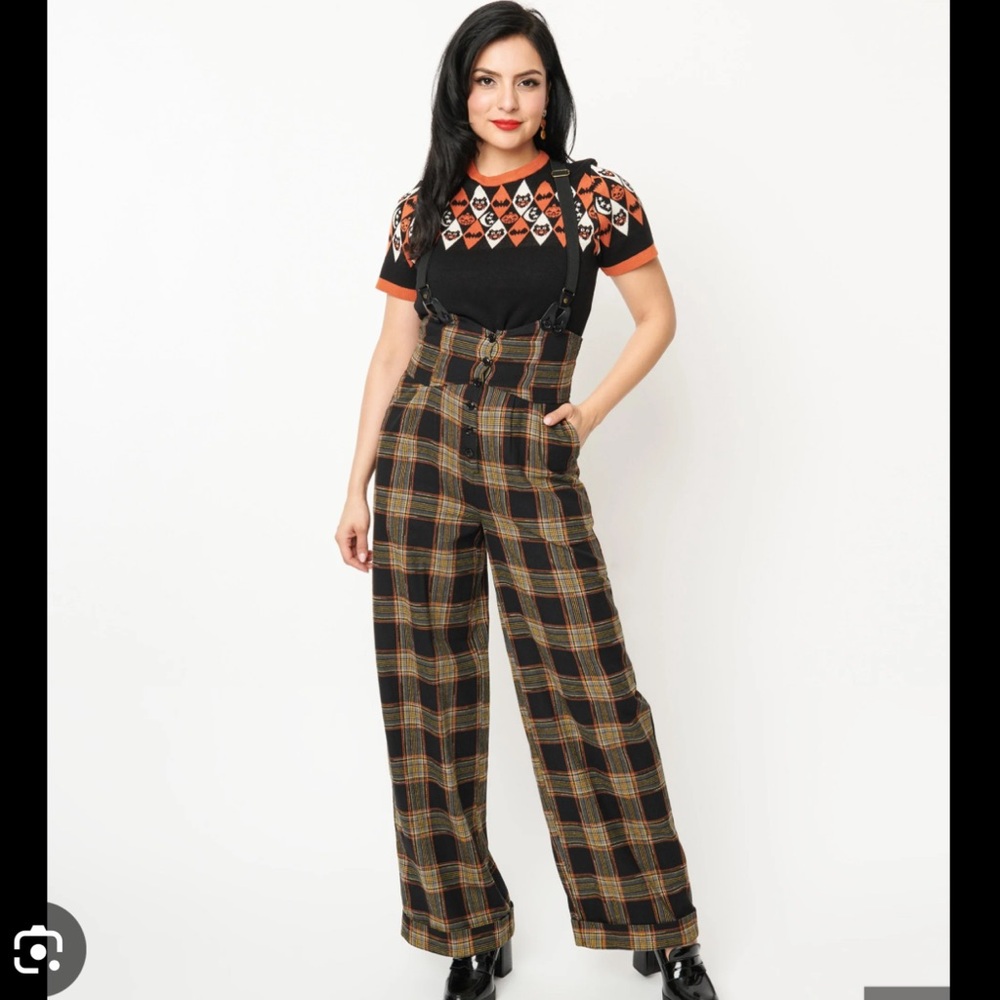 Unique Vintage Black and Brown Plaid Wide Leg Pants - Picture 3 of 3